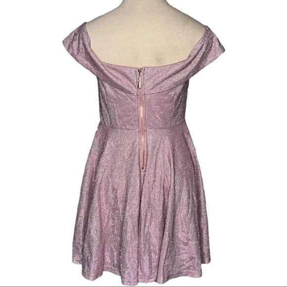 Lulus Shimmer Off Shoulder Dress Size Medium Circle Fit Flare Pink Barbiecore - Picture 4 of 6